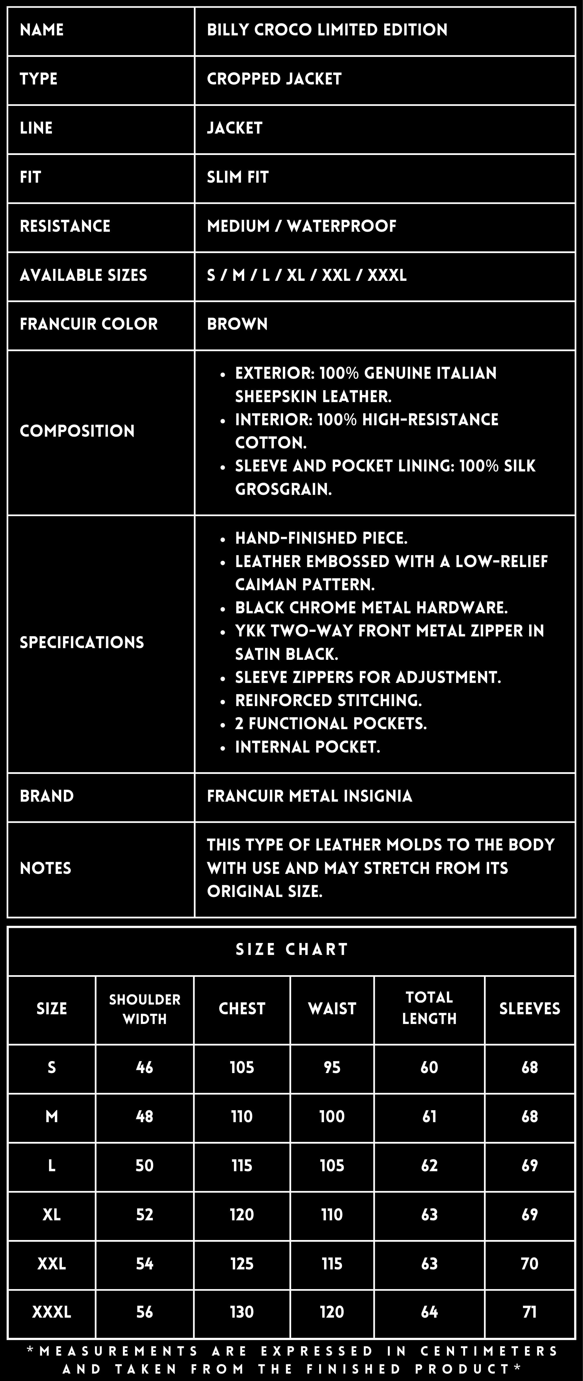 TECHNICAL SPECIFICATIONS_LEATHER JACKET_BILLY CROCO_FRANCUIR